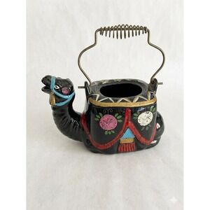 Vtg BLACK CAMEL Ceramic Teapot Vase Planter Wire Handle Made in Japan~NO LID